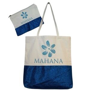 Mahana Beach Bag Cosmetic bag set Canvas hibiscus tropical blue glitter tote